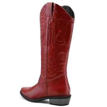 mysoft Women's Cowboy Boots Mid Calf Cowgirl Embroidered Western Pointed Toe Chunky Heel Pull On Knee High Boots