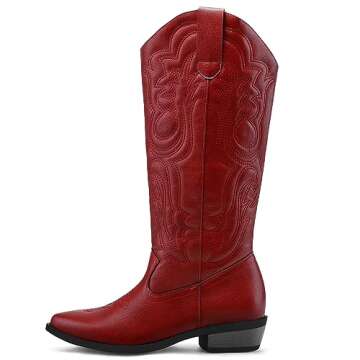 mysoft Women's Cowboy Boots Mid Calf Cowgirl Embroidered Western Pointed Toe Chunky Heel Pull On Knee High Boots