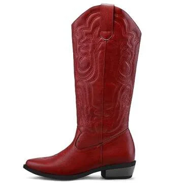 mysoft Women's Cowboy Boots Mid Calf Cowgirl Embroidered Western Pointed Toe Chunky Heel Pull On Knee High Boots