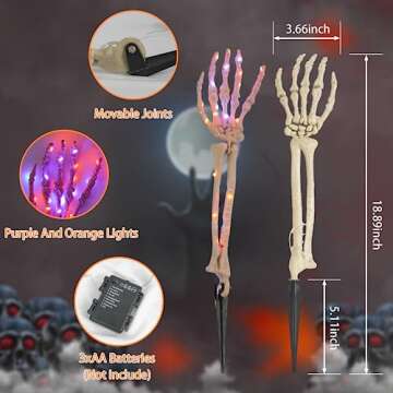 Hourleey Halloween Decoration, Lighted Skeleton Arm Stake, Scary Realistic Hands Bone Waterproof Bat...