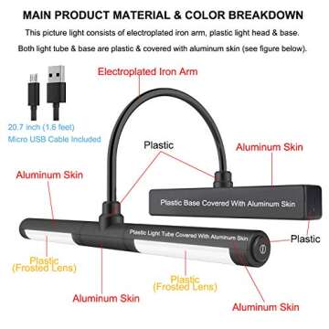 LUXSWAY Picture Lights for Paintings,Rechargeable Battery Wireless Art Light with Remote Control,Dimmable and Timer Off Display Light with Rotatable Light Tube for Portrait,Dart Board,Gallery,Portrait