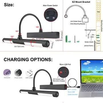 LUXSWAY Picture Lights for Paintings,Rechargeable Battery Wireless Art Light with Remote Control,Dimmable and Timer Off Display Light with Rotatable Light Tube for Portrait,Dart Board,Gallery,Portrait