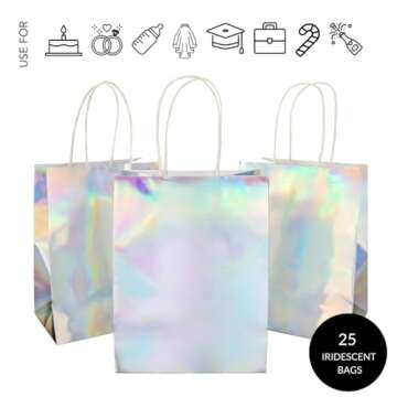Andaz Press Iridescent Party Bags with Handles, 5.75 x 7.75 inches, 25 Pack Holographic Party Favor ...