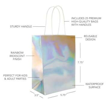 Andaz Press Iridescent Party Bags with Handles, 5.75 x 7.75 inches, 25 Pack Holographic Party Favor Bags, Silver Holographic Gift Bags, Treat Bags, Favor Bags, Favor Gifts for Guests, Thank You Bags
