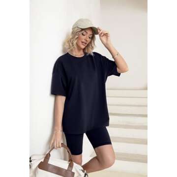 Simplee Womens 2 Piece Sets Summer Outfits Two Piece Lounge Matching Set Oversized Shirts Biker Shorts 2024 Casual Tracksuit(Black,Small)