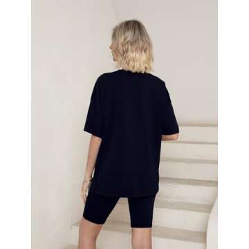 Simplee Womens 2 Piece Sets Summer Outfits Two Piece Lounge Matching Set Oversized Shirts Biker Shorts 2024 Casual Tracksuit(Black,Small)