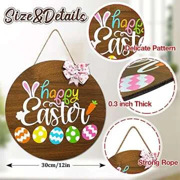 amiatalo Happy Easter Wooden Hanging Sign Easter Welcome Sign Door Decoration with Bow, Rustic Easte...