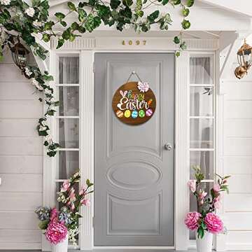 amiatalo Happy Easter Wooden Hanging Sign Easter Welcome Sign Door Decoration with Bow, Rustic Easter Wooden Door Hanger for Home Farmhouse Window Indoor Outdoor Easter Decor