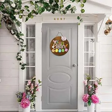amiatalo Happy Easter Wooden Hanging Sign Easter Welcome Sign Door Decoration with Bow, Rustic Easter Wooden Door Hanger for Home Farmhouse Window Indoor Outdoor Easter Decor