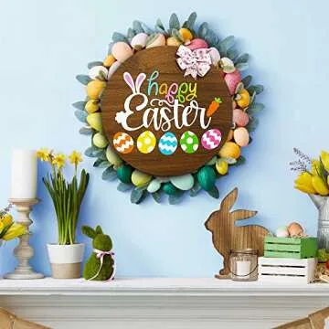 amiatalo Happy Easter Wooden Hanging Sign Easter Welcome Sign Door Decoration with Bow, Rustic Easter Wooden Door Hanger for Home Farmhouse Window Indoor Outdoor Easter Decor