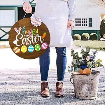 amiatalo Happy Easter Wooden Hanging Sign Easter Welcome Sign Door Decoration with Bow, Rustic Easter Wooden Door Hanger for Home Farmhouse Window Indoor Outdoor Easter Decor