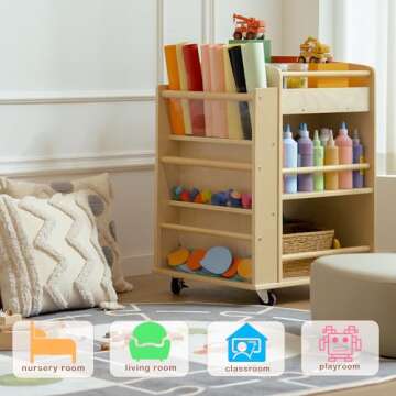 kidi house Wooden Art Cart, Birch Craft Cart with Wheels, Multi-Functional Mobile 3-Tier Art Cart Organizer for Kids, Art and Crafts Supply, Montessori Furniture for Office, Nursery, Living Room