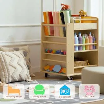 kidi house Wooden Art Cart, Birch Craft Cart with Wheels, Multi-Functional Mobile 3-Tier Art Cart Organizer for Kids, Art and Crafts Supply, Montessori Furniture for Office, Nursery, Living Room