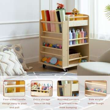 kidi house Wooden Art Cart, Birch Craft Cart with Wheels, Multi-Functional Mobile 3-Tier Art Cart Organizer for Kids, Art and Crafts Supply, Montessori Furniture for Office, Nursery, Living Room