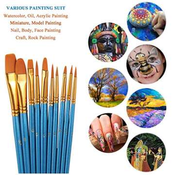 Suproot Paint Brushes Set, 10pcs Paintbrushes Flat/Shader Tip for Watercolor, Oil, Acrylic Painting and Craft, Nail, Face Paint (Blue Brush) (Suproot -2872A)