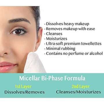 Cleogen Bi-Phase Micellar Makeup Remover Wipes - 30 Individually Wrapped Makeup Remover Wipes - Gentle Cleansing - Vitamin E - Travel Size - Alcohol and Paraben Free