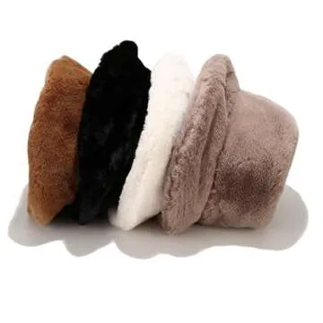 Umeepar Winter Faux Fur Fuzzy Bucket Hat Fluffy Warm Hat for Women Men (US, Alpha, One Size, Beige)