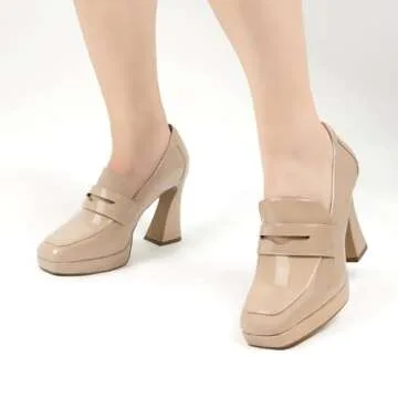 JENN ARDOR Women's Platform Loafer Heels Square Closed Toe Chunky Block High Penny Loafers Pumps Elegant Comfort Casual Slip On Wedding Dress Shoes