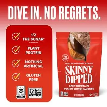 SkinnyDipped Dark Chocolate Peanut Butter Almonds, Healthy Snack, Plant Protein, Gluten Free, 3.5 oz Resealable Bags, (Pack of 5)