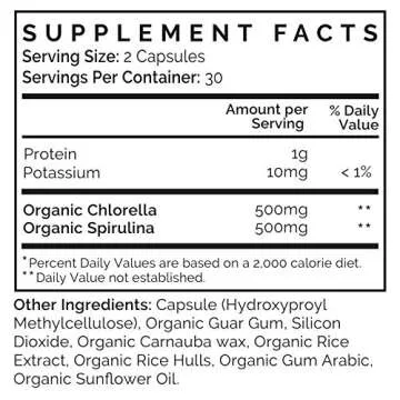 Think Remedy Fresh Water Algae Capsules - Chlorella Spirulina Pills for Detoxification - Potent Chlorophyll - Organic Powder Supplement - 60 Capsules - Optimal 50/50 Blend
