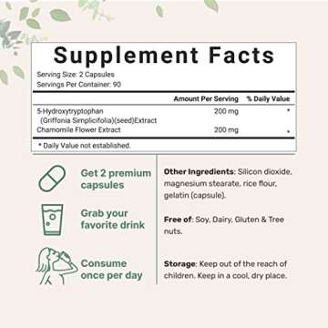 Micro Ingredients 5-HTP 200mg with Chamomile Flower Extract, 180 Capsules, 2 in 1 Formula, 98% Griff...