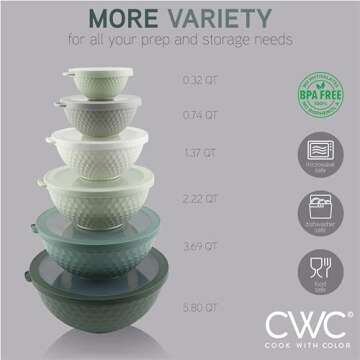 COOK WITH COLOR Mixing Bowls with Lids - 12 Piece Plastic Nesting Bowls Set includes 6 Prep Bowls an...