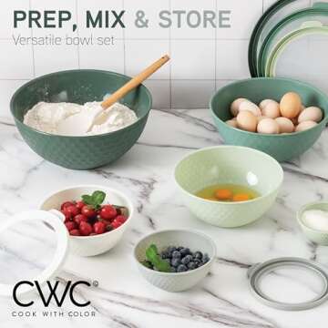 COOK WITH COLOR Mixing Bowls with Lids - 12 Piece Plastic Nesting Bowls Set includes 6 Prep Bowls and 6 Lids, Non Slip Bottom and Embossed Design - Microwave Safe (Sage)