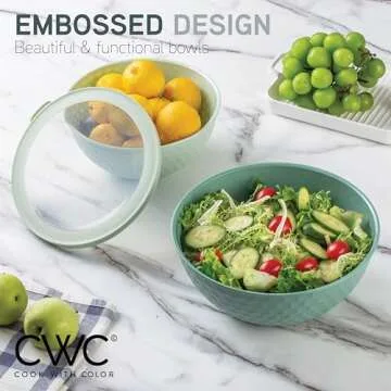 COOK WITH COLOR Mixing Bowls with Lids - 12 Piece Plastic Nesting Bowls Set includes 6 Prep Bowls and 6 Lids, Non Slip Bottom and Embossed Design - Microwave Safe (Sage)