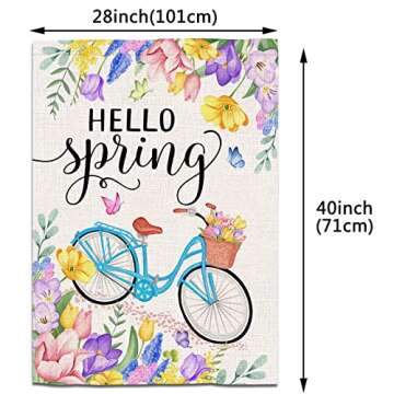 Spring Flag, Hello Spring Flags for Outdoors 28 x 40 Double Sided, Welcome Tulip Flowers with Bike B...