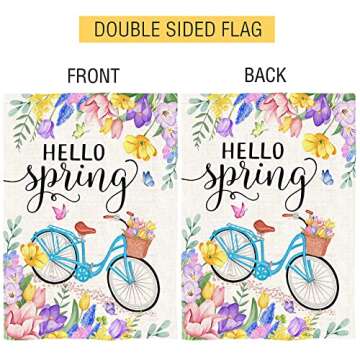 Spring Flag, Hello Spring Flags for Outdoors 28 x 40 Double Sided, Welcome Tulip Flowers with Bike Burlap House Flag, Seasonal Farmhouse Garden Yard Lawn Signs for Home Outside Décor