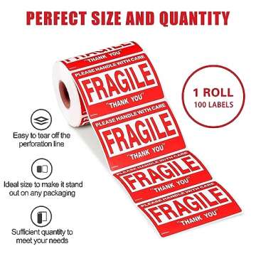 GMKbuy 3 x 2 Inch – 100 Fragile Stickers Roll – Easy Tear, Permanent Adhesive Warning Labels for Shipping Box, Carton, Parcel, Package, Pallet & More