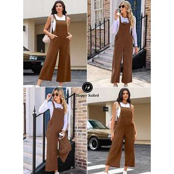 Happy Sailed Jumpsuits for Women Casual Loose Fit Overalls Adjustable Strap Sleeveless Wide Leg Long Romper Jumpsuit Corduroy Outfits Fashion 2024 Brown Medium