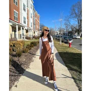 Happy Sailed Jumpsuits for Women Casual Loose Fit Overalls Adjustable Strap Sleeveless Wide Leg Long Romper Jumpsuit Corduroy Outfits Fashion 2024 Brown Medium