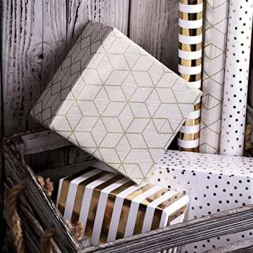 MAYPLUSS Birthday Wrapping Paper Roll - Mini Roll - 17 inch x 120 inch Per roll - White & Gold Foil Design (42.3 sq.ft.ttl)