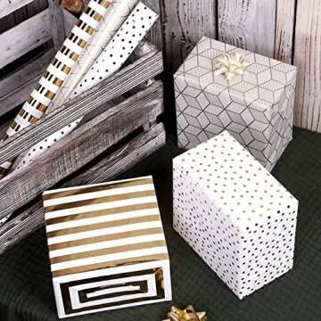 MAYPLUSS Birthday Wrapping Paper Roll - Mini Roll - 17 inch x 120 inch Per roll - White & Gold Foil Design (42.3 sq.ft.ttl)