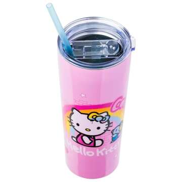 Silver Buffalo Hello Kitty Graffiti Rainbow 22oz Double Walled Stainless Steel Tumbler w Straw