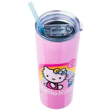 Silver Buffalo Hello Kitty Graffiti Rainbow 22oz Double Walled Stainless Steel Tumbler w Straw