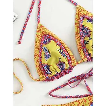 Milumia Women's Boho Floral Geo Print Tie Halter Frill Bikini Sexy Bathing Suit