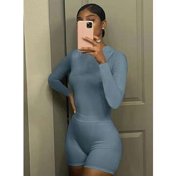 AYWA Women's 2 Piece Outfits Ribbed Long Sleeve Fitted T-shirt High Waist Leggins Shorts Casual Matching set (Kyanite-shorts, Small)