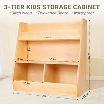 wingyz Kids Toy Storage Organizer with Bookshelf, Montessori Wooden Storage Cabinet, 4 Compartment T...