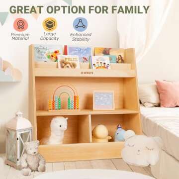 wingyz Kids Toy Storage Organizer with Bookshelf, Montessori Wooden Storage Cabinet, 4 Compartment Toddler Bookcase, 3 -Tier Book Toy Shelves for Kids Room, Playroom, Living Room, Nursery, Classroom