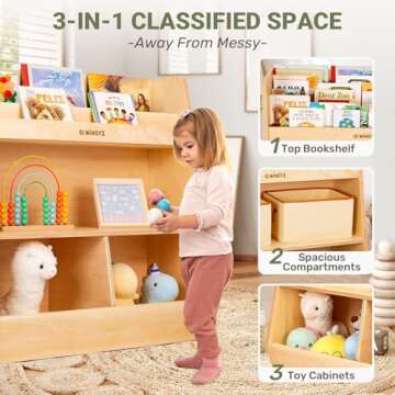 wingyz Kids Toy Storage Organizer with Bookshelf, Montessori Wooden Storage Cabinet, 4 Compartment Toddler Bookcase, 3 -Tier Book Toy Shelves for Kids Room, Playroom, Living Room, Nursery, Classroom