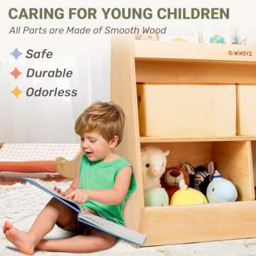 wingyz Kids Toy Storage Organizer with Bookshelf, Montessori Wooden Storage Cabinet, 4 Compartment Toddler Bookcase, 3 -Tier Book Toy Shelves for Kids Room, Playroom, Living Room, Nursery, Classroom