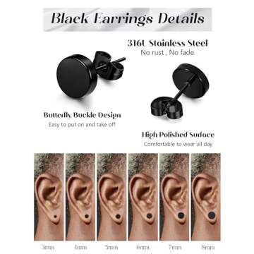 FIBO STEEL Stainless Steel Black Stud Earrings for Men Women, 7mm