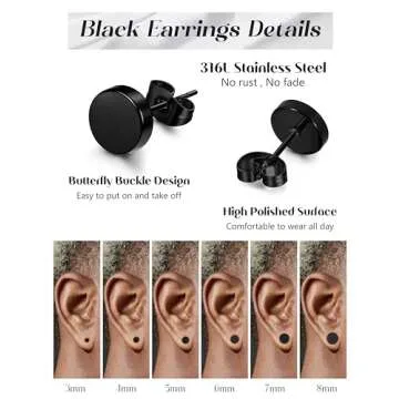 FIBO STEEL Stainless Steel Black Stud Earrings for Men Women, 7mm