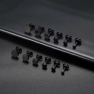 FIBO STEEL Stainless Steel Black Stud Earrings for Men Women, 7mm