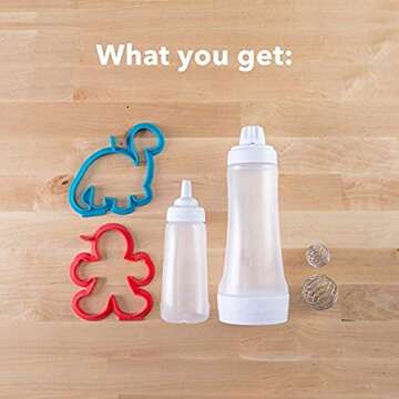 Whiskware Pancake Art Kit, 1 Batter Bottle, 2 Silicone Pancake Molds, and 2 BlenderBall Wire Whisks, Durable, No-Mess Breakfast, BPA Free, Dishwasher Safe, Dinosaur and Person Designs