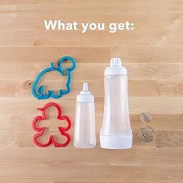 Whiskware Pancake Art Kit, 1 Batter Bottle, 2 Silicone Pancake Molds, and 2 BlenderBall Wire Whisks, Durable, No-Mess Breakfast, BPA Free, Dishwasher Safe, Dinosaur and Person Designs