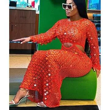 Kafiloe Women Sexy Long Sleeve Sequin Crochet Maxi Dress Beach Cover Ups Hollow Out Swimwear Bikini ...