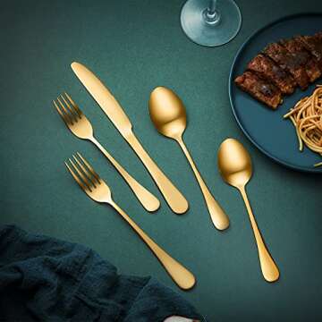 Silverware Flatware Cultery Set, Yumuaua 20-piece Stainless Steel Tableware Eating Utensil Set for 4, Include Spoons Forks Knives, Mirror finish, Dishwasher Safe (Gold)
